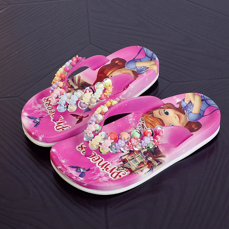 Children Girls Summer Princess PVC Beach Slippers Soft Cartoon Fashion Lovely Beading Non-slip Flip Flop Casual Shoes 2-10years - Цвет: Розовый
