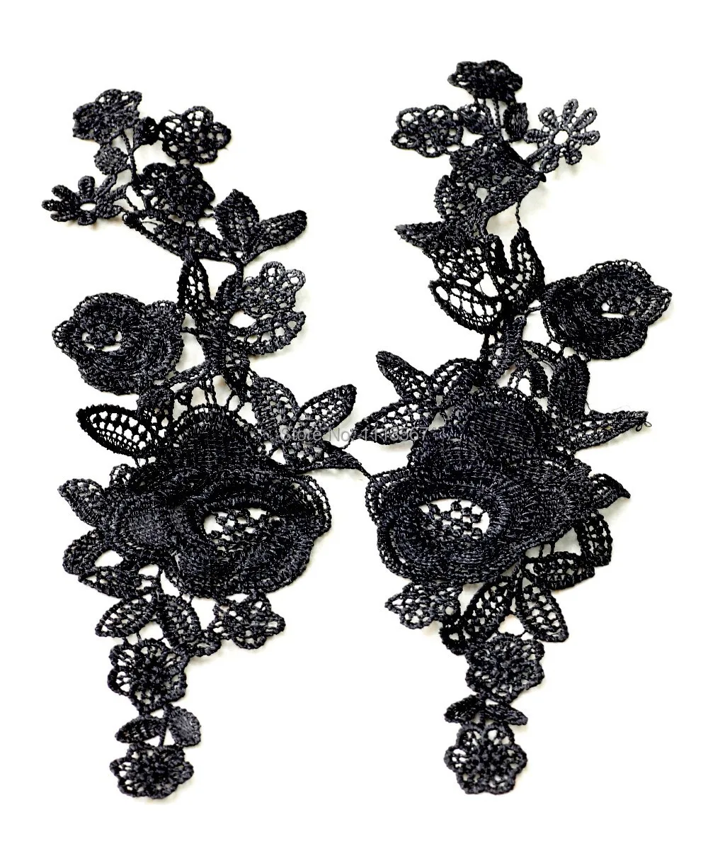 

1pair Black Flower Venice Fabric Appliques Embroidered Lace Trim Patches For Craft Garment Decoration / T513A