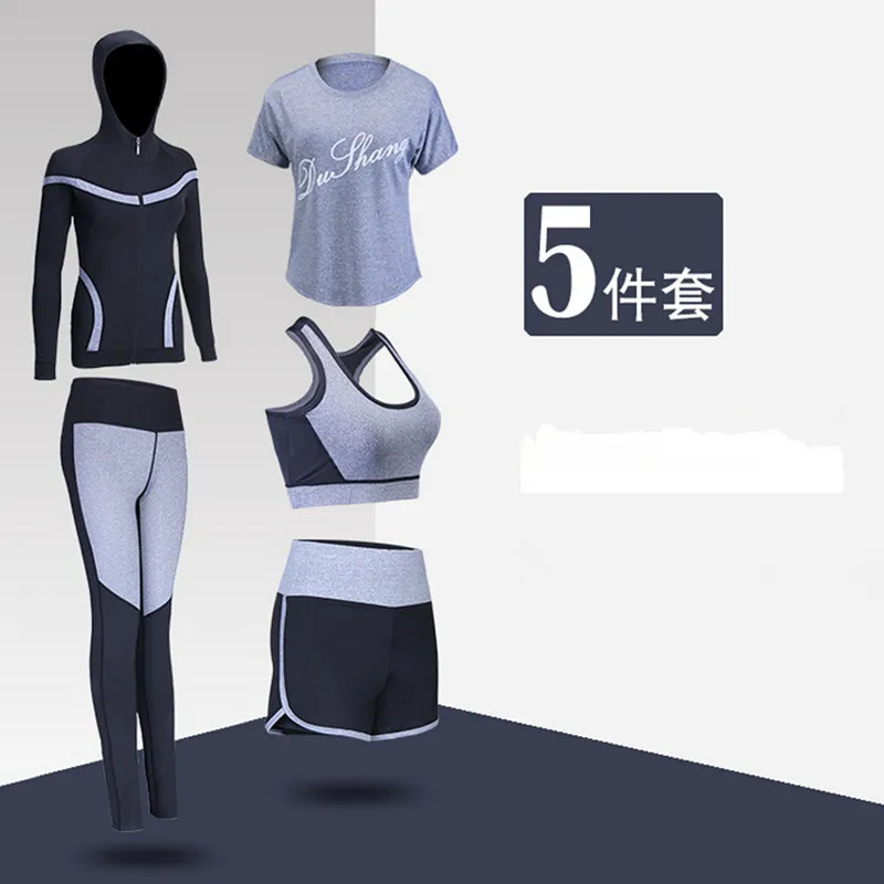 

5 pieces sets women yoga clothing hooded coats+t shirt+bra+shorts+pants quick dry outdoor sports running clothing fitness gym