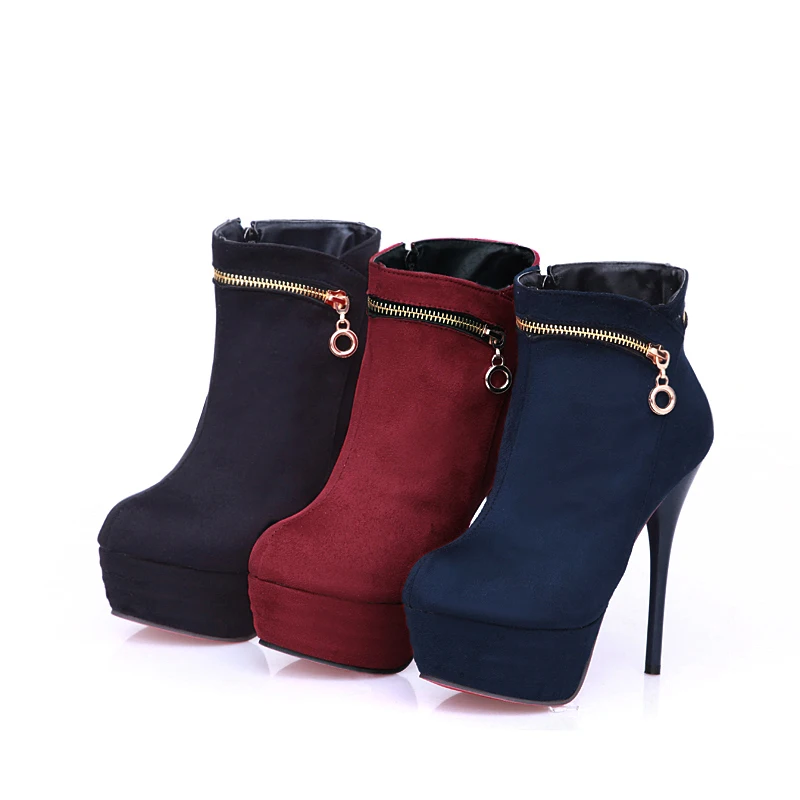 new women boots black red ladies autumn winter boots flock zipper platform super high ankle boots Wedding Shoes Size 31-43