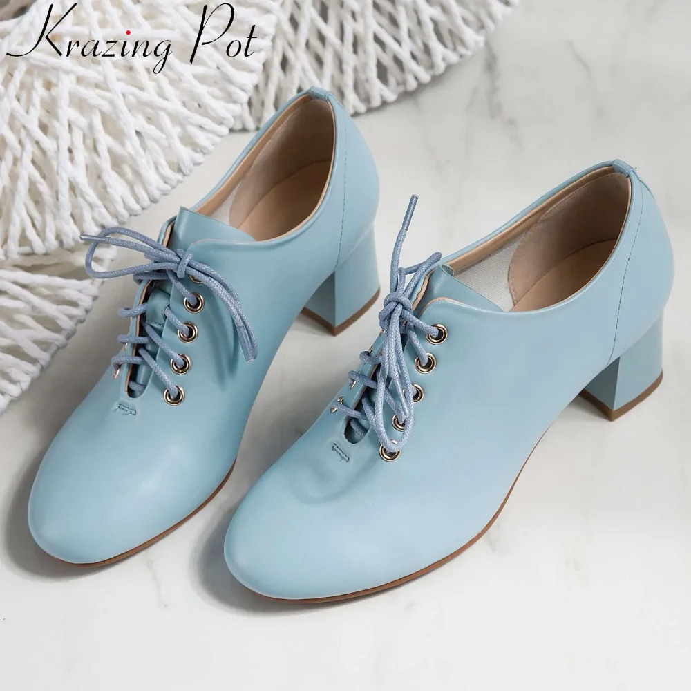 

Krazing Pot woman brand concise style pumps chunky med heel lace up beauty lady cow leather round toe fahion runway shoes L22