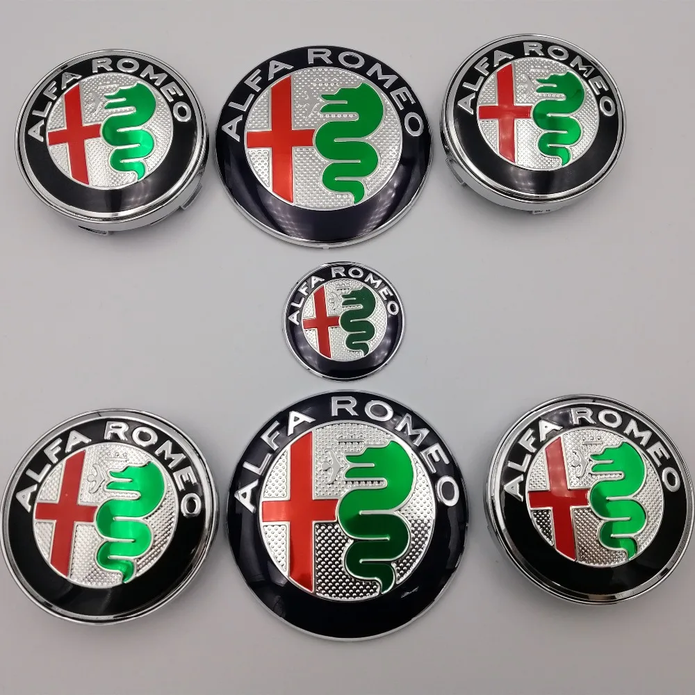

7pcs Alfa Romeo New Logo 74mm Hood Trunk+ Steering Wheel Badge+ 60mm Wheel Center Cap Emblem Brera 159 SW New Spider Giulietta