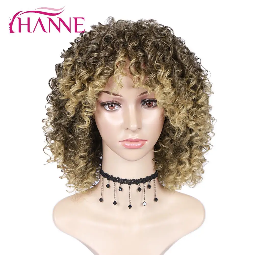 

Hanne Kinky Curly Synthetic Wig With Bangs High Density Temperature Mix Brown Blonde None Lace Wigs For African American Women