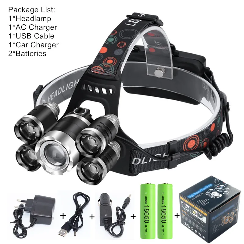 50000Lm ZOOM LED Headlamp Head Flashlight Rechargeable 18650 T6 Led Head Lamp Torch Headlight for Fishing Hunting Camping - Испускаемый цвет: Package H