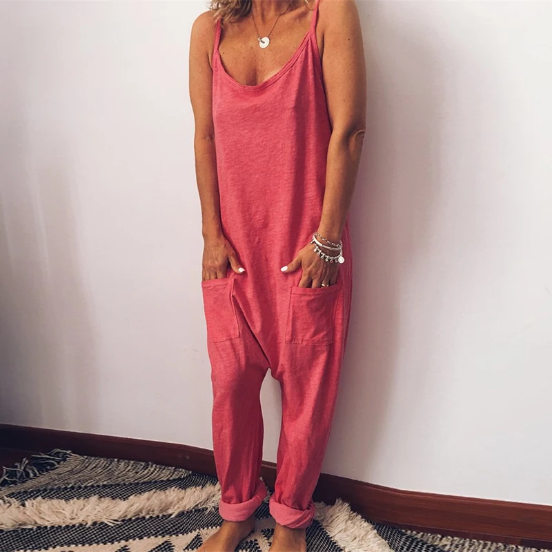 2019 New Fashion Women Jumpsuit Women's Casual Loose Strappy Bib Overalls Woman Summer Backless Pocket Trousers Rompers Playsuit