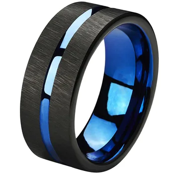 

Tungsten Rings 8mm Wedding Band Blue Center Groove Black Line Brushed Couples Engagement Rings Fashion Jewelry