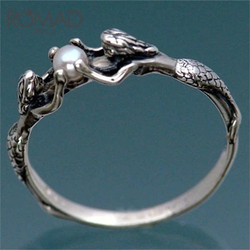 

ROMAD Vintage Mermaids Filled Pearl Ring Bride Wedding Engagement Jewelry Ladies Rings for Women Antique Silver Color Love Gifts