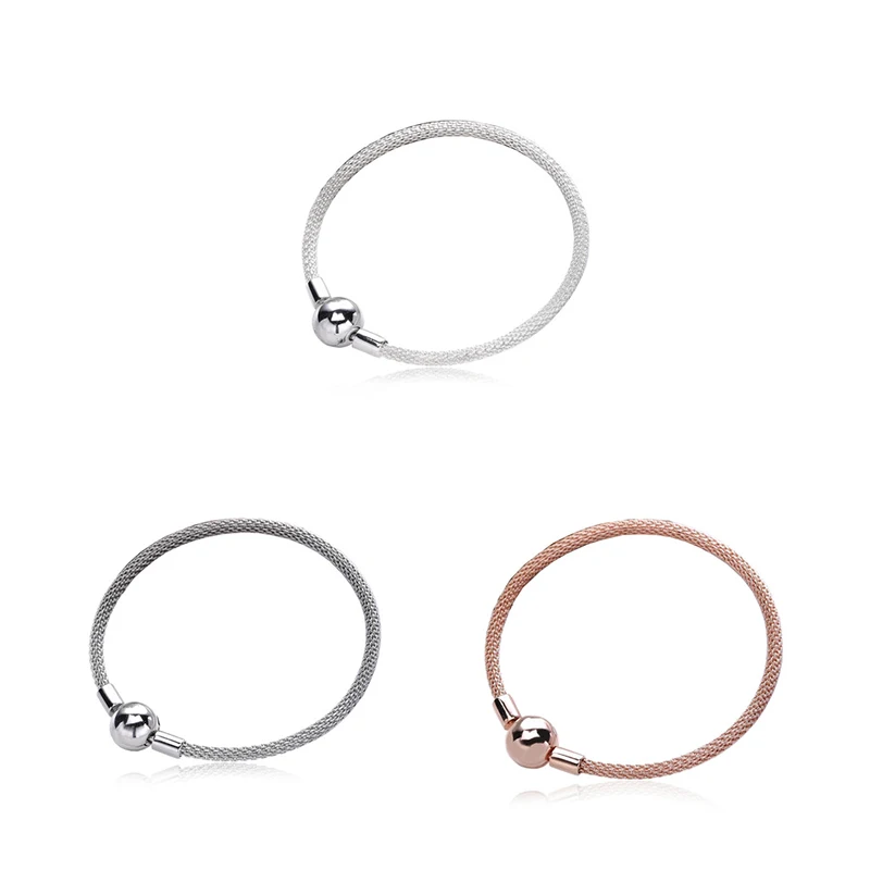 

Europe New 100% 925 Sterling Silver Moments Silver Rose Gold Mesh Bracelet Fit Original Bead Charm Bangle DIY Jewelry
