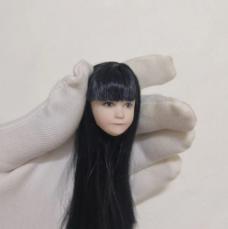 1/6 черные длинные волосы Азия маленькая милая девочка голова прекрасный ребенок голова прямой челка голова Лепка для 1" фигурка бледное тело