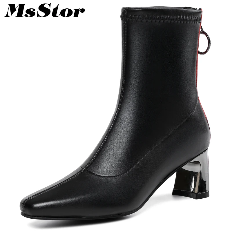 

MsStor Square Toe High Heel Women Boots Fashion Zipper Square heel Ankle Boots Women Shoes Genuine Leather Boot Shoes For Girl