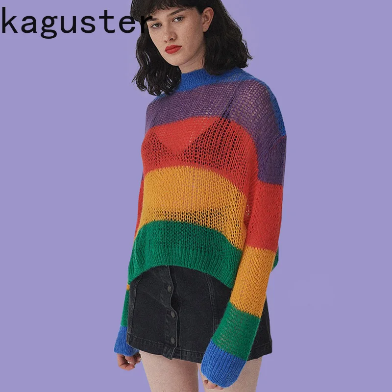 

Women Colorful Striped Sweater Long Sleeve Knitted Sweater Women Clothes Casual Tops Pullover Autumn Winter Fashion Sweater