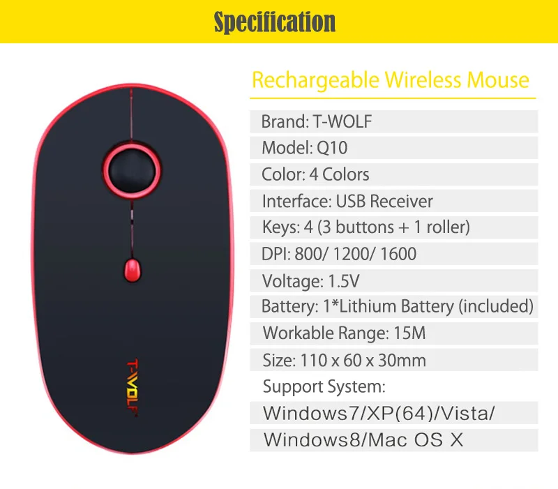 T-WOLF Q10 Беспроводная перезаряжаемая компьютерная мышь 2,4 ГГц Бесшумная тонкая компьютерная мышь Портативная USB оптическая мышь 1600 dpi для Macbook/ноутбука