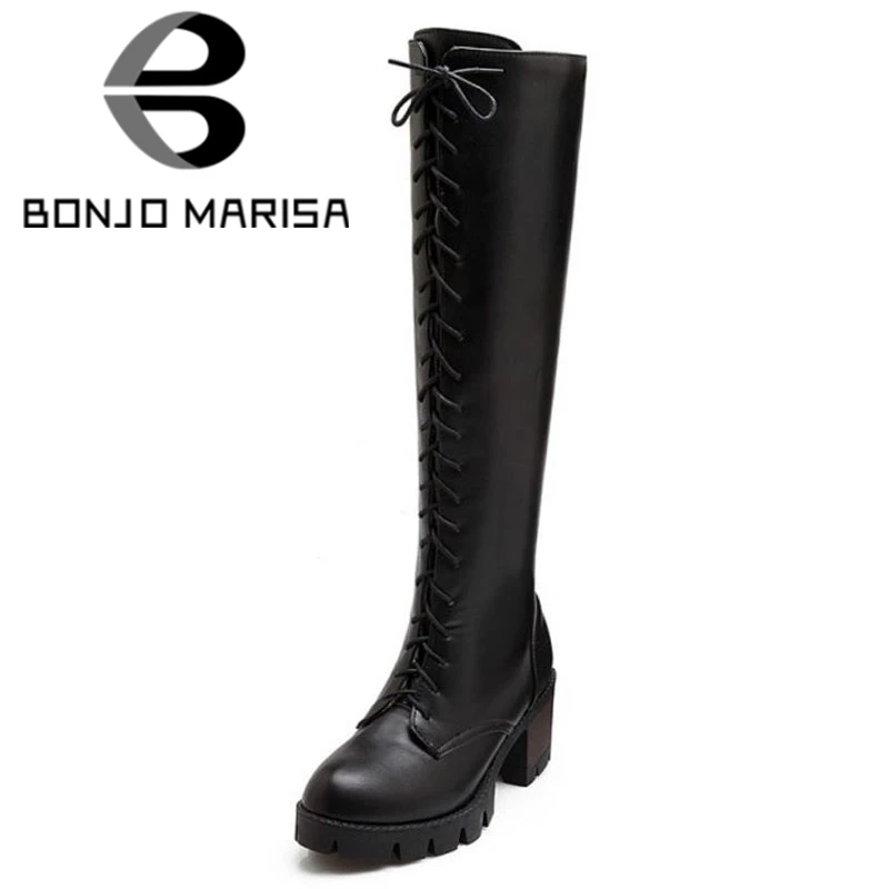 

BONJOMARISA Women High Heel Knee Boots Women Big Size 34-43 Warm Fur Lace Up Zipper Boots Platform Shoes Woman