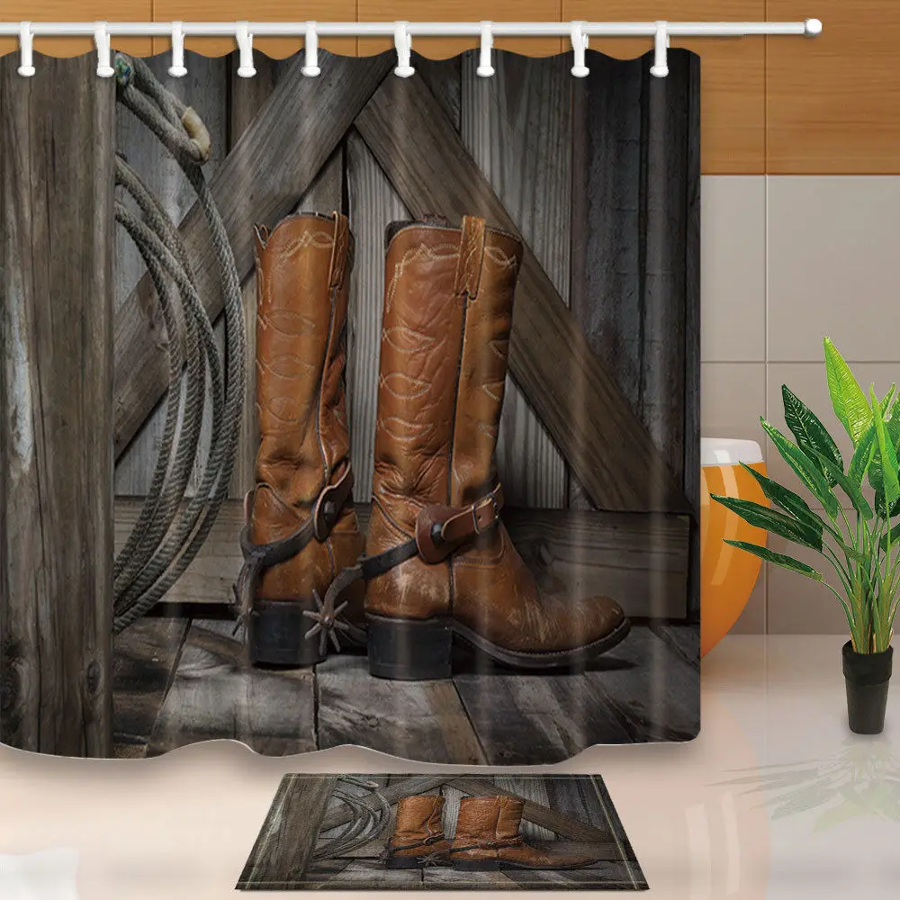 Warm Tour Retro Farm Cowboy Boots Polyester Fabric Bathroom Shower
