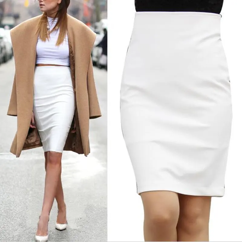 Новое поступление женщин высокая талия пр Bodycon карандаш юбки черный / белый повязку обертывание юбка Saias Femininas формальное SMLXXXXL