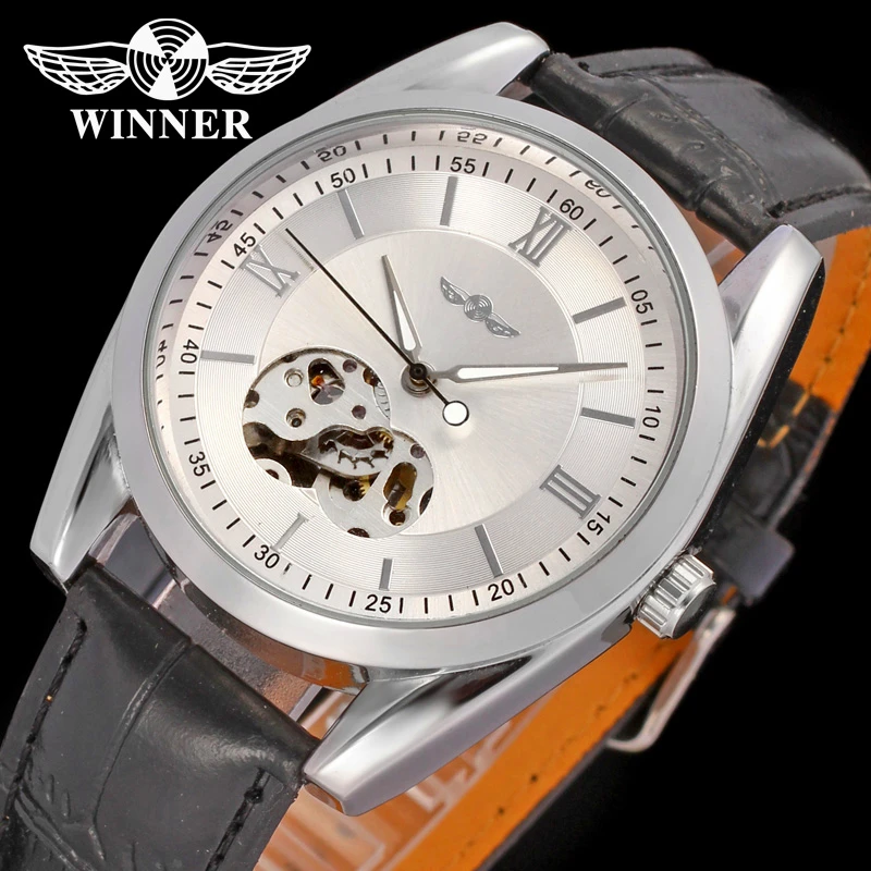 

Fashion WINNER Brand Men Silver Skeleton Leather Band Bracelet Watch Mechanical Hand Wind Wristwatches Gift Box Relogio Releges