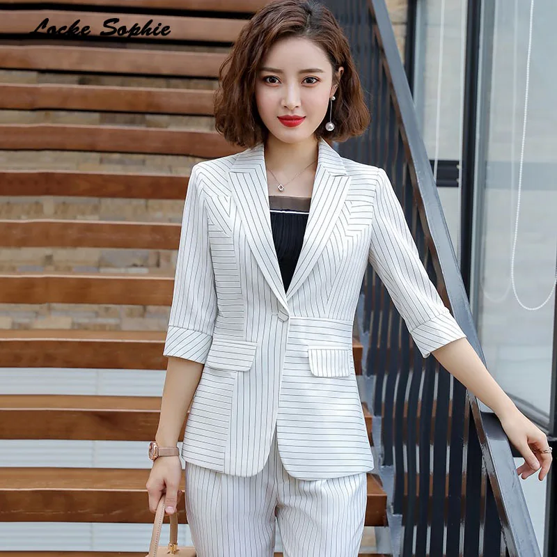 1pcs Women Plus size Blazers coats 2019 Summer cotton Single button stripe Small Suits jackets ladies Skinny Blazers Suits coats
