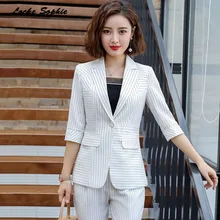 1pcs Women Plus size Blazers coats 2019 Summer cotton Single button stripe Small Suits jackets ladies Skinny Blazers Suits coats