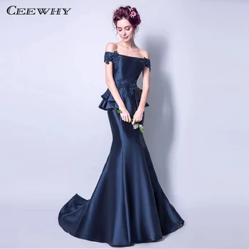 

CEEWHY Off Shoulder Navy Blue Evening Gown Ruffle Mermaid Dress Formal Evening Dresses Beaded Robe de Soiree Satin Vestido Largo