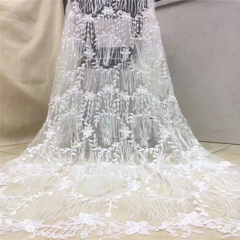 

High Quality African Lace Fabrics White Color Nice French Net Embroidery Beads Tulle Laces Fabrics For Nigerian Party dp65-2166
