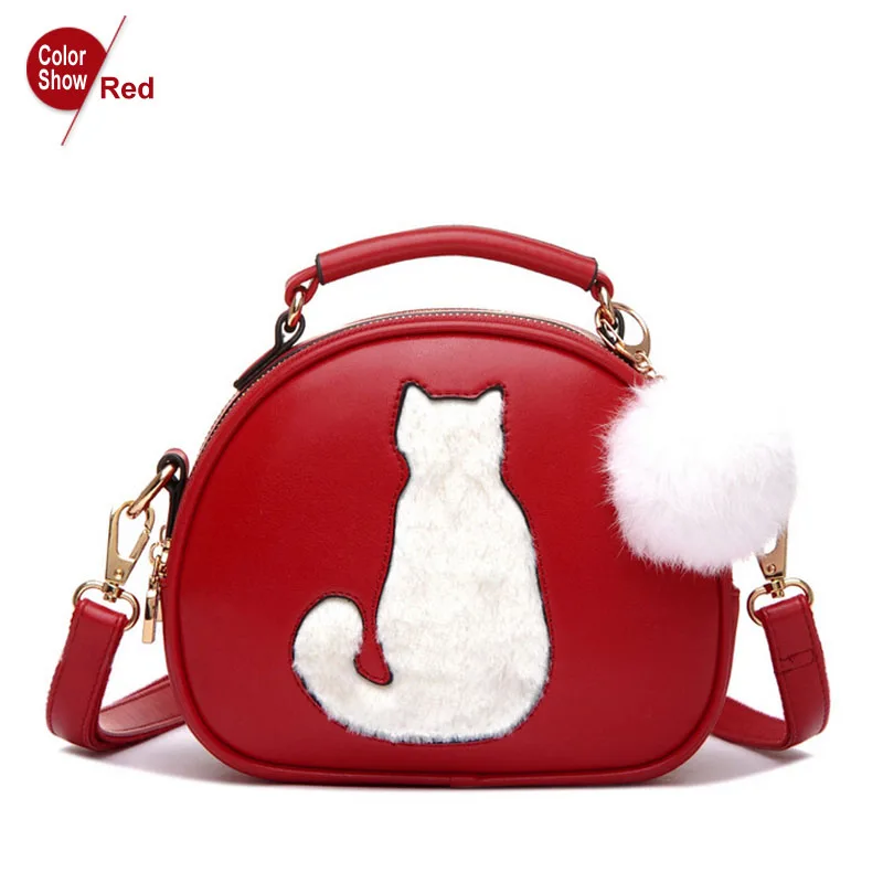 Beibaobao, женские сумки через плечо, сумка через плечо для женщин, сумка из искусственной кожи, полная луна, карамельный цвет, милый кот с меховым шариком - Цвет: Красный