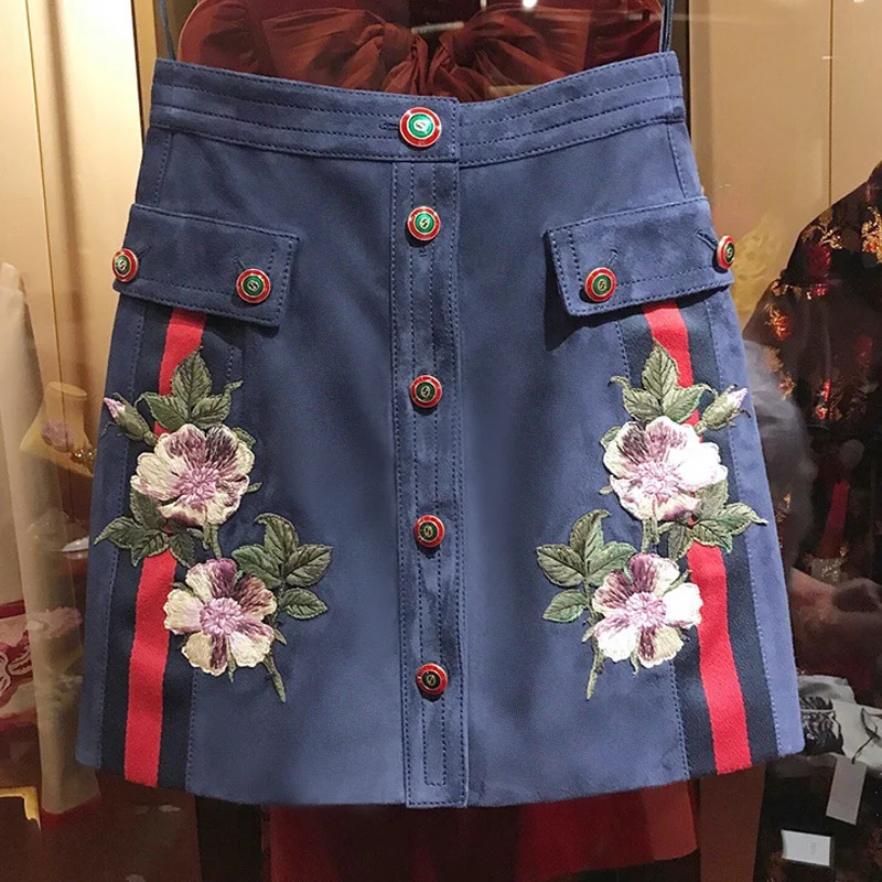 

2018 New Summer Suede Skirts Womens Vintage Flora Embroidery Suede Skirt Fashion Buttons High Waist Blue A Line Skirt