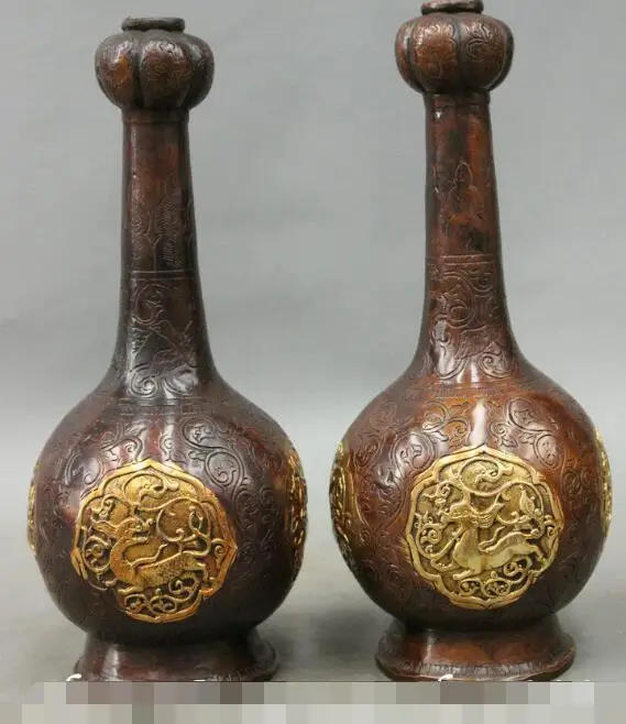 

S00430 10" China Auspicious Palace Bronze Gilt Dragon Kylin Statue Bottle Vase Pot Pair B0403