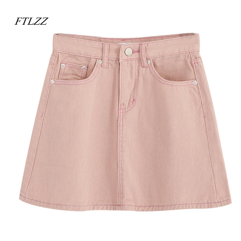 FTLZZ Повседневная джинсовая юбка трапециевидной формы с высокой талией, Женская однотонная мини-посылка с карманом, юбка на бедрах, розовая, белая, черная, зеленая