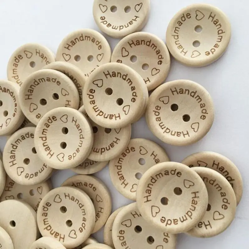 100pcs 15mm carving handmade with love Wood Buttons Flatback 2 Holes Wooden button Sewing Tools DIY Scrapbook Patchwork Craft