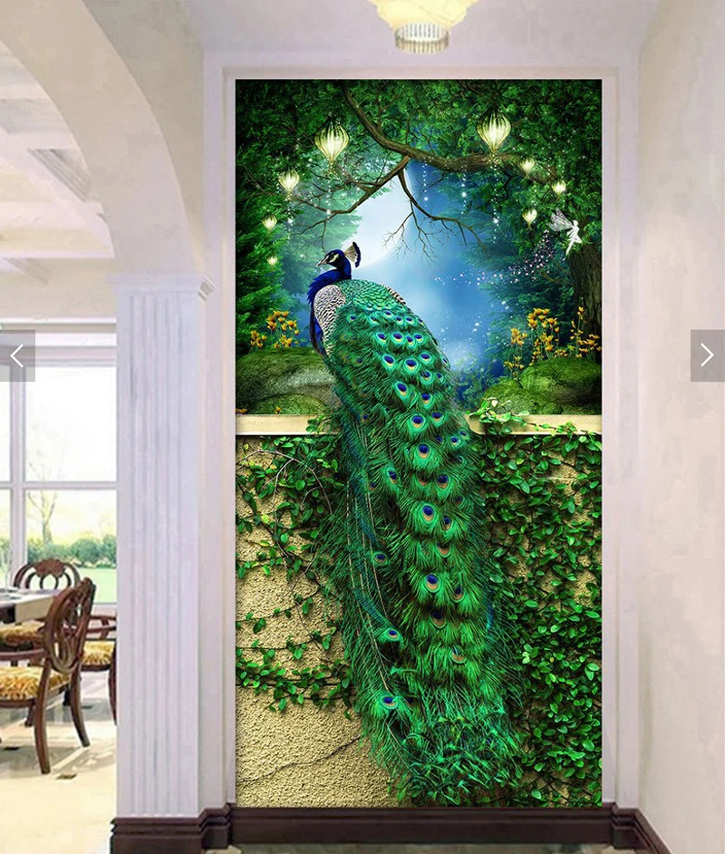 QIANZEHUI-DIY-Diamond-Embroidery-Round-Diamond-Green-Peacock-porch-Full-rhinestone-5D-Diamond-painting-cross-stitch