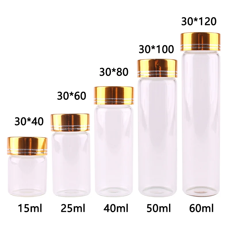 

Dia 30mm 15ml 25ml 40ml 50ml 60ml Transparent Glass Spice Bottles Jars Terrarium with Golden Aluminum Lid Wedding Craft 24pcs