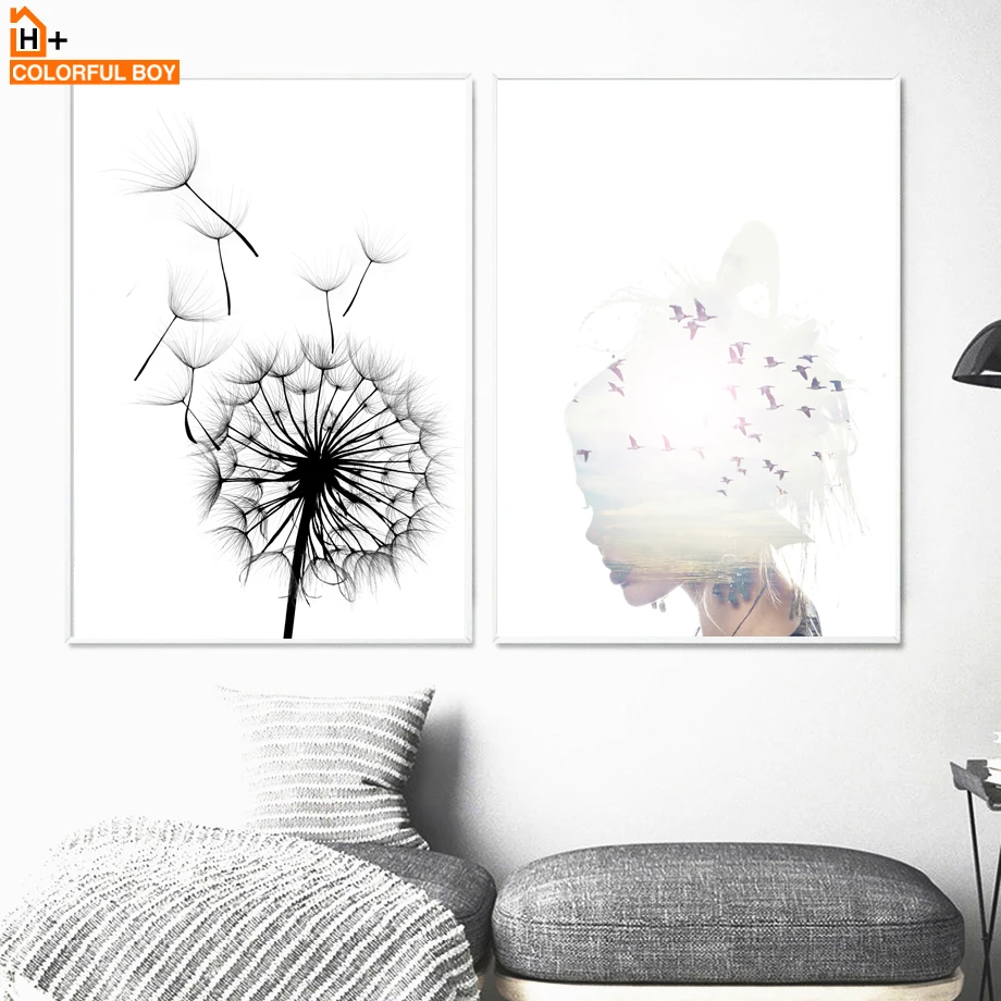 

COLORFULBOY Girl Birds Dandelion Wall Art Print Canvas Painting Nordic Poster Abstract Art Wall Pictures For Living Room Decor