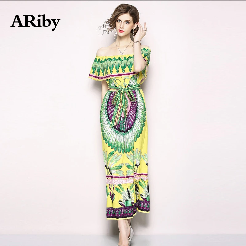 Women Dress Long Dresses 2019 Summer New Fashion Bohemian Ruffles A Word Collar Printed Short Sleeves Straight Dress Plus Size