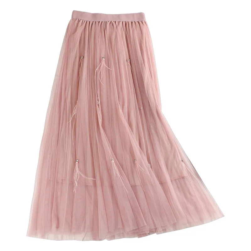 

2019 New Spring Korean High Waist Slim Skirts Vintage Rivet Double Layers Pleated Hollow Out A-Line Long Mesh Skirt Saias Faldas
