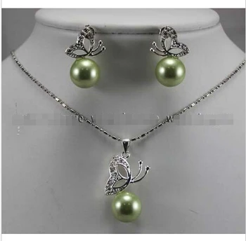 

12MM Apple Green South sea Shell Pearl Earrings & Necklace Pendant Set ^^^@^Noble style Natural Fine jewe FREE SHIPPING