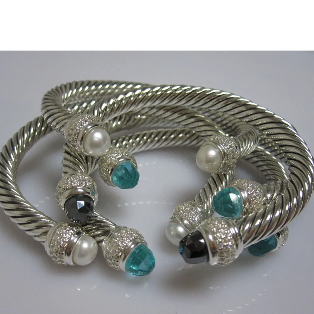 

Sterling Silver Jewelry 7mm Aqua Chalcedony Cable Bracelet Brand Jewelry Prasiolite Smoky Quartz Turquoise Women Bracelet