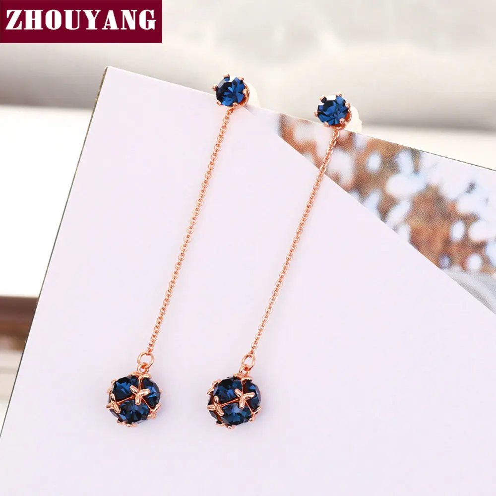 

ZHOUYANG Long Earrings For Women Crystal Ball Rose Gold Color Party Fashion Jewelry Drop Earrings Brithday Gift E708 E709