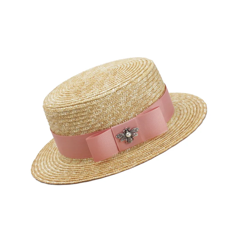 

Wheat Straw Summer Women Boater Beach Sun hat For Elegant Lady Ribbon Round Flat Top Homburg Fedora Hat Good Package