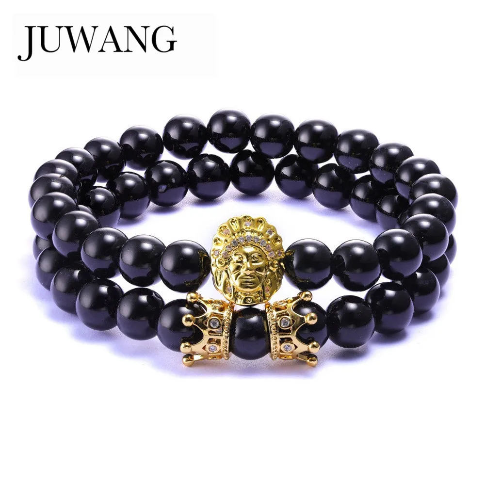 

JUWANG 2pcs/set Animal Charm Bracelet Lion Head Crown Bracelet Natural Stone Beads Pave CZ Crowns Men Women Jewelry Wholesale