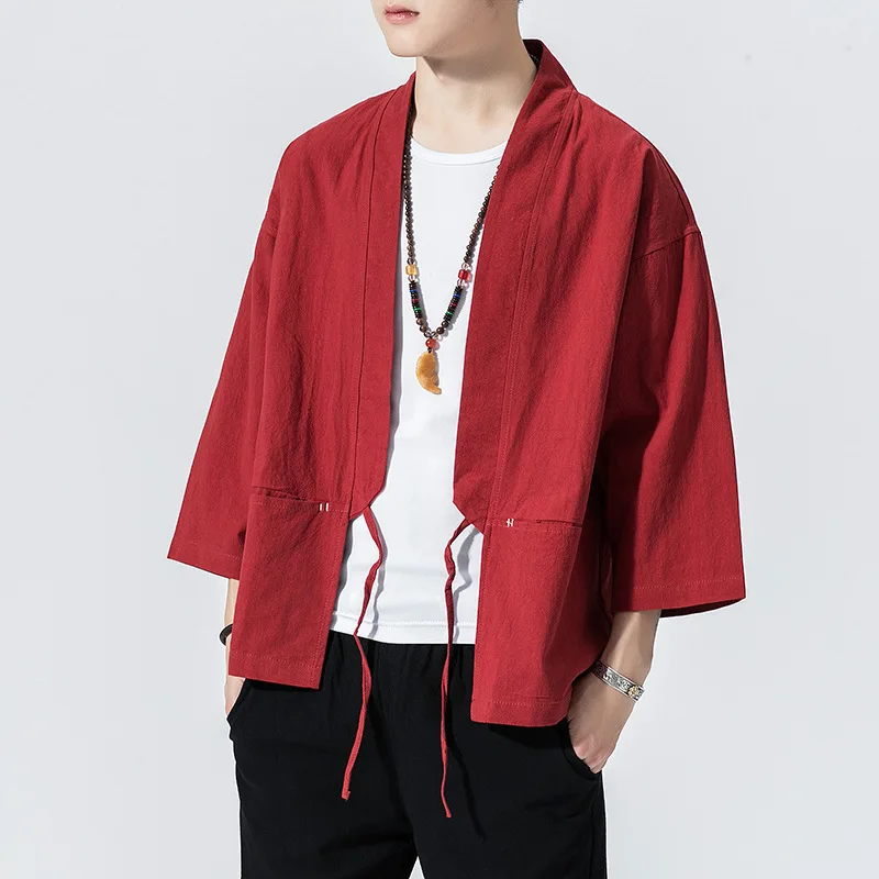4381 лето Ретро хлопок лен японское кимоно куртка мужской кардиган сплошной цвет Винтаж свободное тонкое пальто мужской размера плюс 4XL 5XL - Цвет: Красный