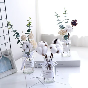 

Modern Glass Vase+ Dried Flowers Small Cotton Bunch Ornaments Office Desktop Figurines Crafts Home Livingroom Table Accessories