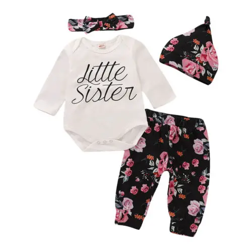 

4pcs Newborn Kid Baby Girl Floral Clothes Cotton Letter Printed Bodysuit Flower Pants Hat Outfits Baby Set