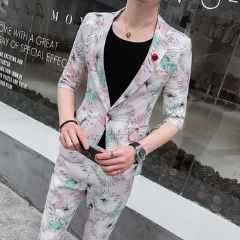 

2019 spring and summer new men's printing sleeves suit suit business casual fashion Europe and the United States gentleman suit