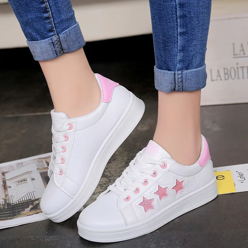 

2018 New White Star Canvas Shoes Women Flat Leather Canvas Shoes Female Student Board Shoes Casual Female Gym Jogging Sneakers
