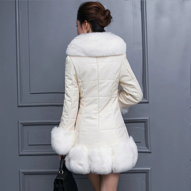 Женское зимнее пальто из искусственного меха с длинным рукавом, тонкое пальто, теплое мягкое пальто с воротником из лисьего меха, верхняя одежда черного и белого цвета, Femininos