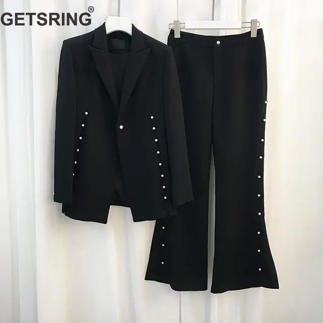 GETSRING Ladies Black Pant Suit Split Single Button Pearl Blazer With High Waist Flare Pants Two