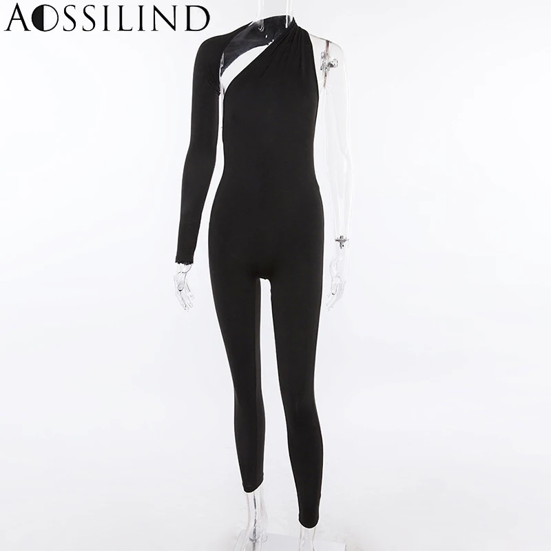 AOSSILIND Fluorescent Green One Shoulder Sexy Bodycon Jumpsuit Women Autumn Long Sleeve Backless Skinny Party Club Overalls