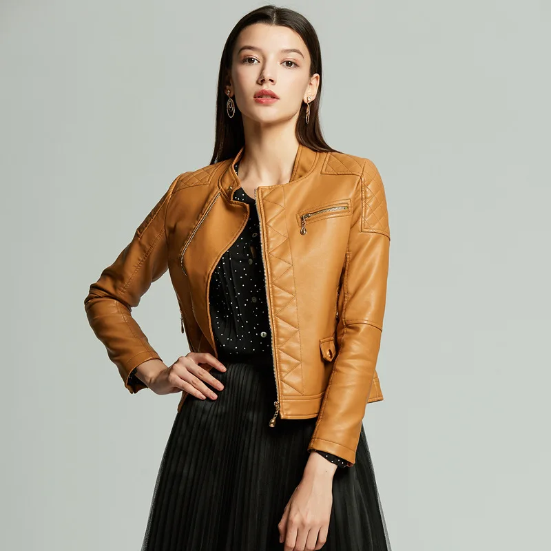 

Autumn Short Slim Women Jacket Pu Leather Zipper Rivets Womens Faux Leather Jackets and Coats Motorcycle Outerwear Biker Coat
