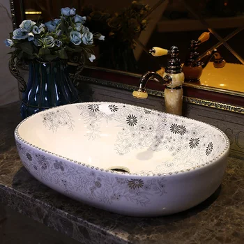 

Europe style chinese Jingdezhen Art Counter Top ceramic bathroom sink ceramic basin sink ceramic modern oval bathroom sink lotus