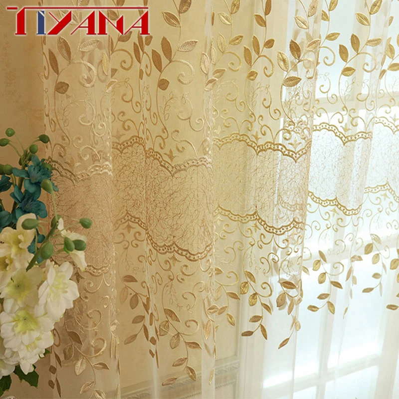 

High Grade European Style Screening Sheer Curtains For Living Room Leaves Embroidered Transparent Tulle For Balcony WP363&2